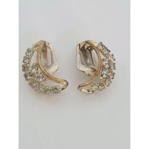 Vintage Earrings Moon Cresent Gold Tone and Rhinestone Clip Fair